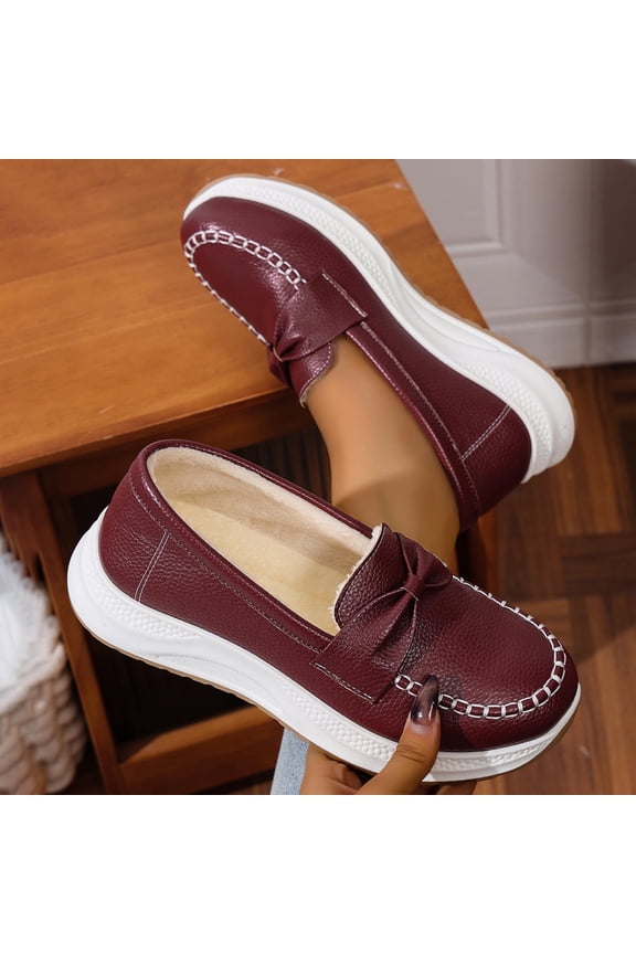 Womens Wine Platform Loafers - Comfortable Pu Faux Leather Shoes with Bow Accent, Slip-Resistant Shock-Absorbent Sole, Wide Size 36-43 for Work & Casual Daily Use,Size 36