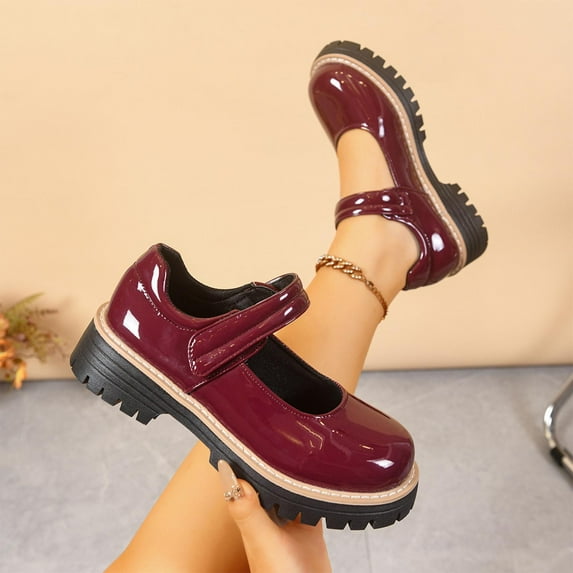 SYMOID Womens Wine Re-Ro Y2-2K Platform Mary Jane Shoes - Chunky Anti-Slip Sole Glossy Pu Hook-and-Loop Strap Comfortable Durable Us 5.5-9,Size 39