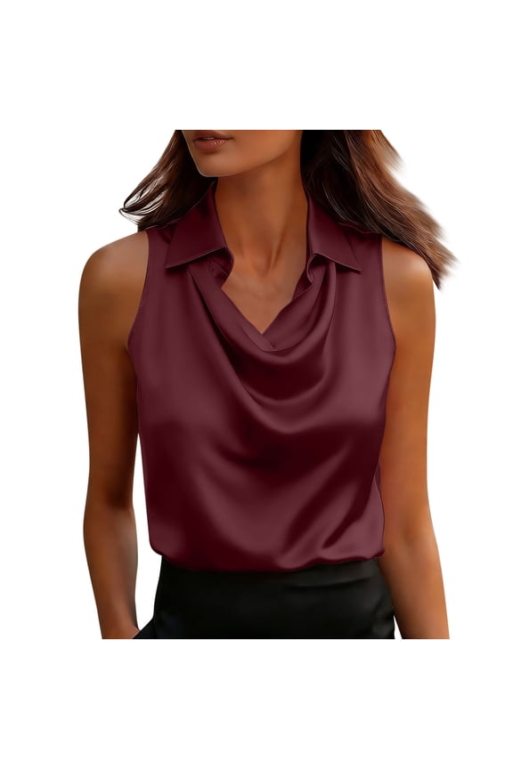 Womens Wine Sleeveless Blouse, Cowl Neck Office Top with Collar, Wrinkle Resistant Poly-Cotton Shell for Work & Casual,Size 2XL