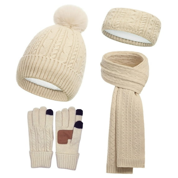 SYMOID Womens Winter 4-Piece Beige Wool Accessory Set: Fleece-Lined Beanie, Scarf, Touchscreen Gloves, Headband - Classic Cable Knit, Faux Faux Fur Pom-Pom,Size Free Size