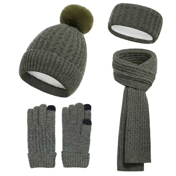 SYMOID Womens Winter 4-in-1 Wool Knit Set - Army Green, Touchscreen Gloves, Pom Pom Beanie, Scarf & Headband, Warm Womens Accessory,Size Free Size