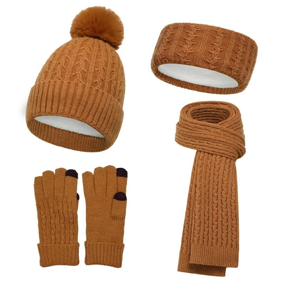 SYMOID Womens Winter 4-in-1 Wool Knit Set - Yellow, Touchscreen Gloves, Pom Pom Beanie, Scarf & Headband, Warm Womens Winter Accessory,Size Free Size