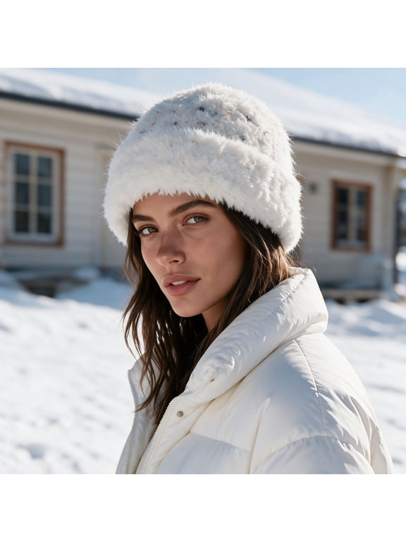 Womens Winter Bucket Hat - Speckled Fuzzy Plush Beanie, Stretchy Warm Knit Cap for Cold Weather, White Hats,Size Free Size
