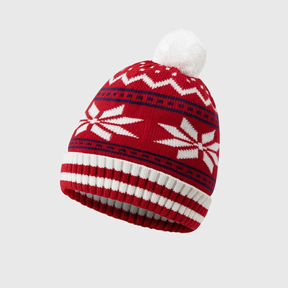 SYMOID Womens Winter Knit Beanie Red Snowflake Jacquard Pom Pom Christmas Hats,Size Free Size