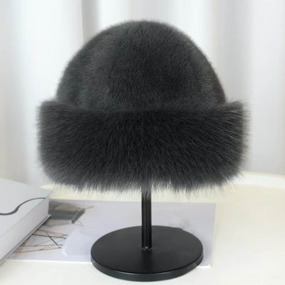 SYMOID Womens Winter Warm Faux Faux Fur Bucket Hat - Dark Gray, One Size Fits Most, Chic Plush Cold Weather Headwear,Size Free Size