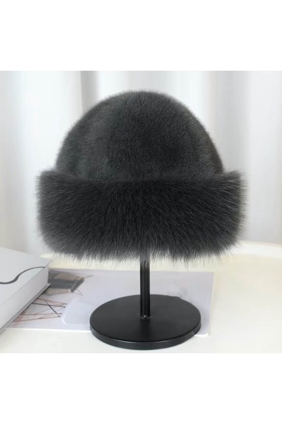 Womens Winter Warm Faux Faux Fur Bucket Hat - Dark Gray, One Size Fits Most, Chic Plush Cold Weather Headwear,Size Free Size