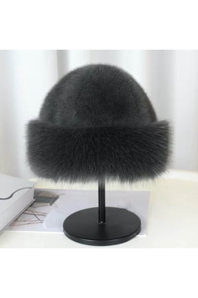 Womens Winter Warm Faux Faux Fur Bucket Hat - Dark Gray, One Size Fits Most, Chic Plush Cold Weather Headwear,Size Free Size
