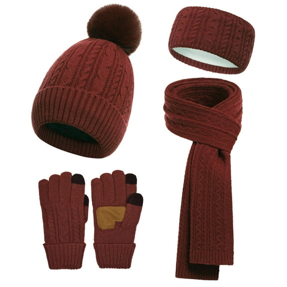 SYMOID Womens Winter Wine Wool Accessory Set - One Size Cable Knit Beanie Scarf Gloves Headband, Fleece Lined & Touchscreen Compatible Gloves,Size Free Size