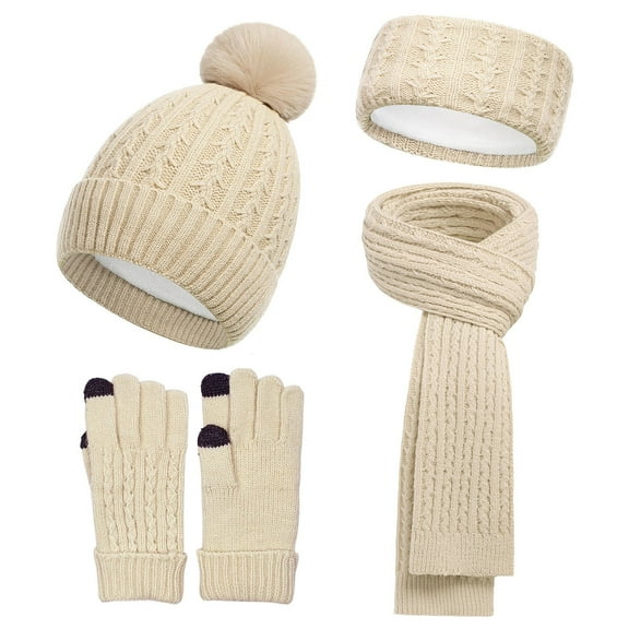 SYMOID Womens Winter Wool Knit 4-in-1 Set - Beige, Touchscreen Gloves, Pom Pom Beanie, Scarf & Headband, Warm Womens Winter Accessory,Size Free Size