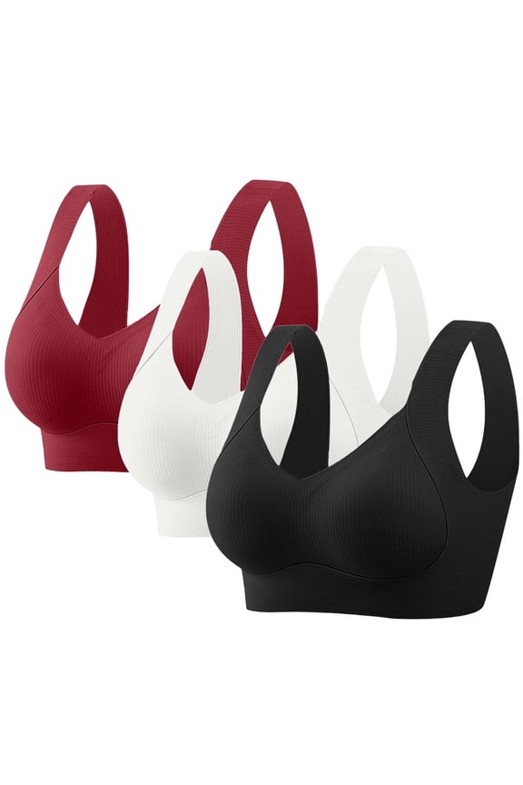 Womens Wireless 3 Pack Sports Bra - Black, Nylon Spandex Moisture-Wicking, M-5XL Seamless Design, All-Day Comfort for Low-Impact/Everyday Wear,Size L