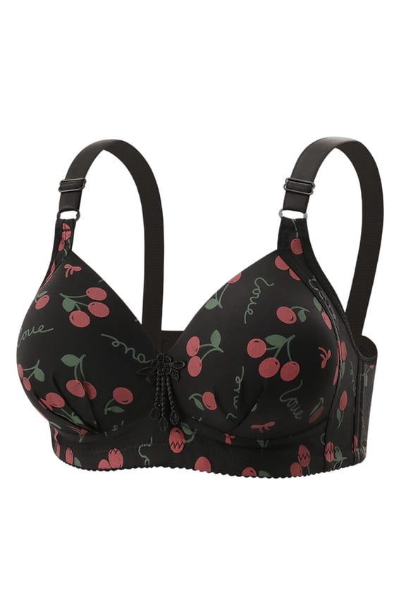 Womens Wireless Seamless Bra Comfort Pullover Triangle Cherry Print Black Sizes 38-44,Size 40