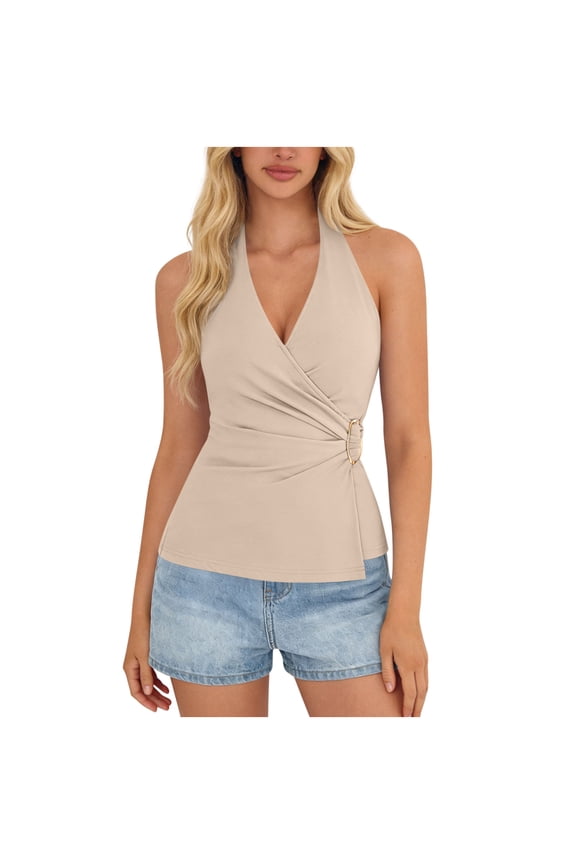 Womens Wrap Front Tank Top Khaki Halter Neck Ruched Sleeveless Blouse Casual Slim Fit Summer Polyester Spandex Chic Top,Size S