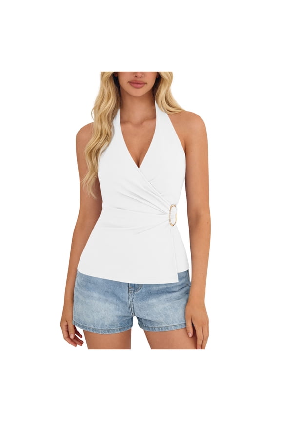 Womens Wrap Front Tank Top White Halter Neck Ruched Sleeveless Blouse Casual Summer Slim Fit Polyester Spandex Chic Top,Size M