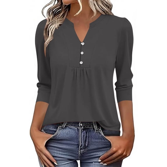 SYMOID Womens Wrinkle Free Stretchy Soft Blouse V Neck Button Down 3/4 Sleeve Pleated Casual Work Top Gray,Size S