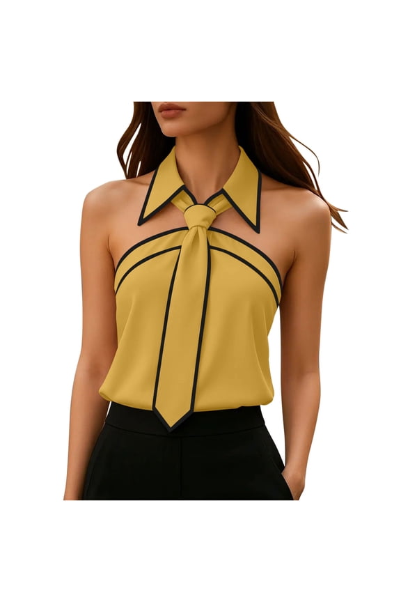 Womens Yellow Blouse | Halter Neck with Tie Detail | Preppy Sleeveless Work Top | Contrast Piping, Wrinkle Resistant & Stretch for Office & Summer Casual,Size M