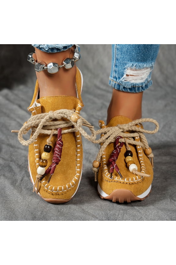 Womens Yellow Boho Moccasins - Suede-Like Rope Lace Wooden Bead Shoes, Soft Lining Flexible Non-Slip Comfort Casual Footwear for Daily & Outdoor Use,Size 36