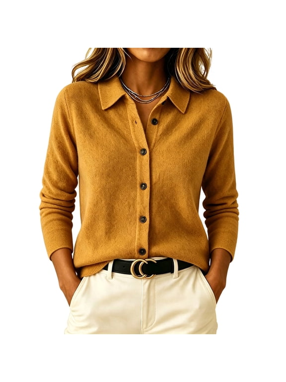 Womens Yellow Collared Long Sleeve Button Front Knit Cardigan, Relaxed Fit Lightweight Sweater,Size M
