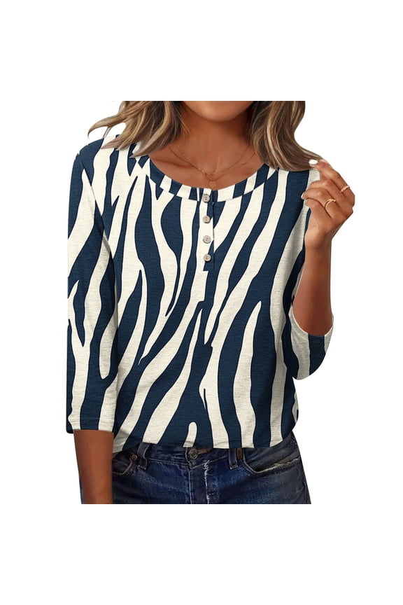 Womens Zebra Print Top 3/4 Sleeve Button Placket Blouse Navy Blue Cream Multicolor Relaxed Fit High Low Hem Tunic Polyester Spandex,Size M