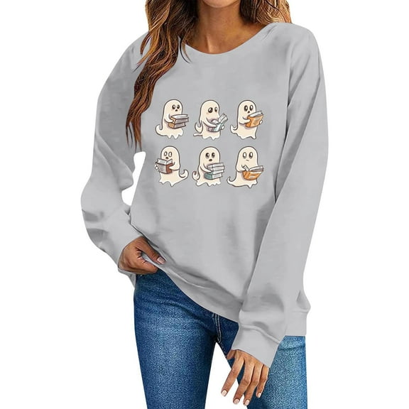 SYMOID women's gray 100% cotton sweatshirt - cute gh-st reading book print loose fit crew neck long sleeve for hall-oween casual daily wear,Size M