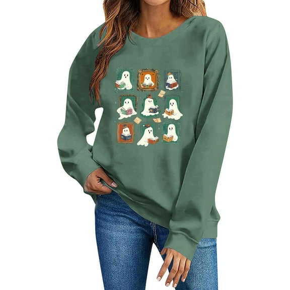 SYMOID women's green cotton crewneck sweatshirt - gh-st reading print, vintage hall-oween casual long sleeve,Size 2XL