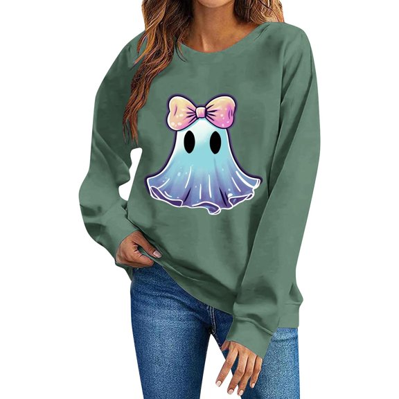 SYMOID women's green hall-oween cute gh-st print cotton sweatshirt - long sleeve crew neck loose fit casual festive top for daily & party wear (s-xxl),Size L