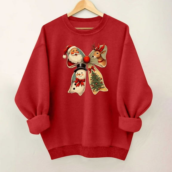 SYMOID women's oversized christmas sweatshirt, red cotton festive Re-ro print crewneck with santa reindeer, loose fit,Size XL