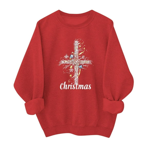 SYMOID women's red christmas cross sweatshirt, cotton oversized crewneck with festive graphic for ch-ch holiday casual,Size M