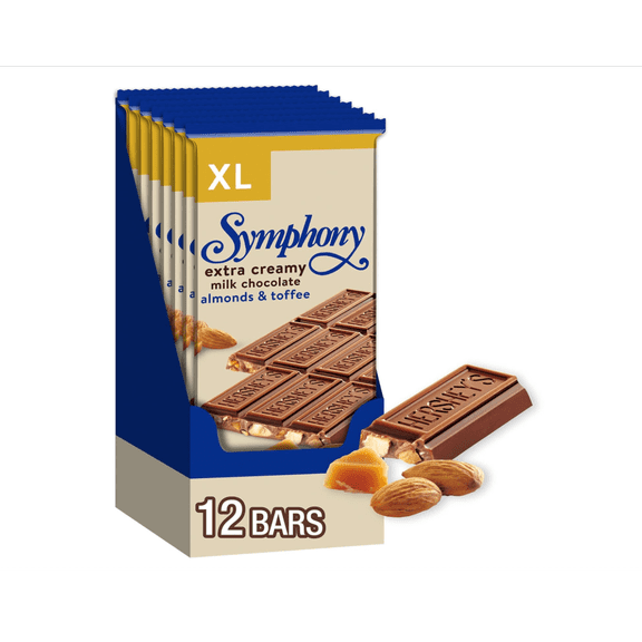 SYMPHONY Extra Creamy Milk Chocolate, Almonds and Toffee XL Candy Bars 12 Count 4.25 oz