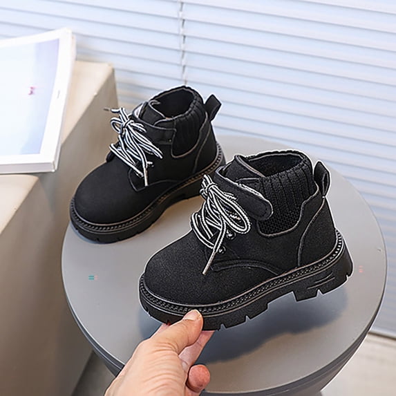 SYMSHOES Black Kids Girls Ankle Boots, Lace Up Non-Slip Combat Booties for Kids, Fashion Short Boots with Knit Collar,Size 21
