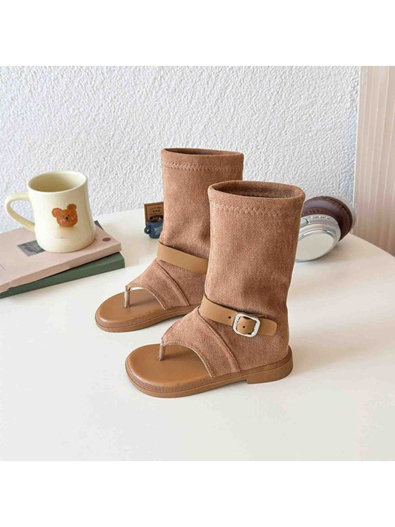 Brown Girls Thong Sandals, Kids Mid Calf Boots with Buckle Strap,Size 28