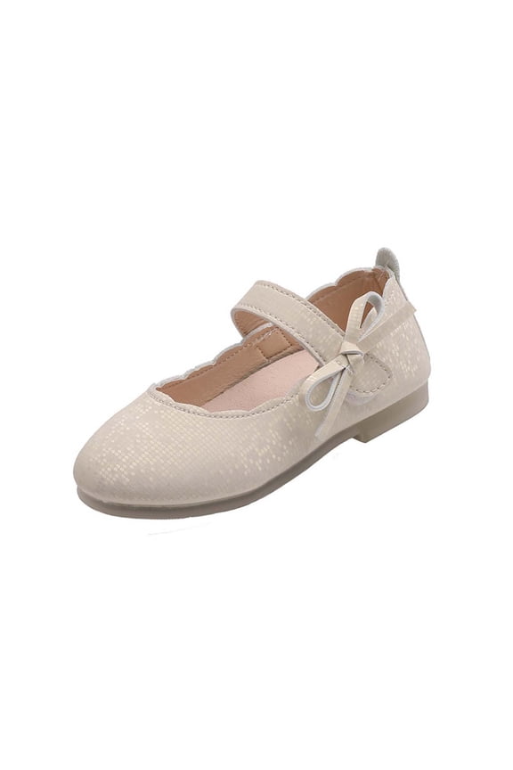 Girls Beige Mary Jane Flats, Kids Dress Shoes with Bow, Non-Slip Heart Sole for Wedding Party Formal Occasions,Size 8