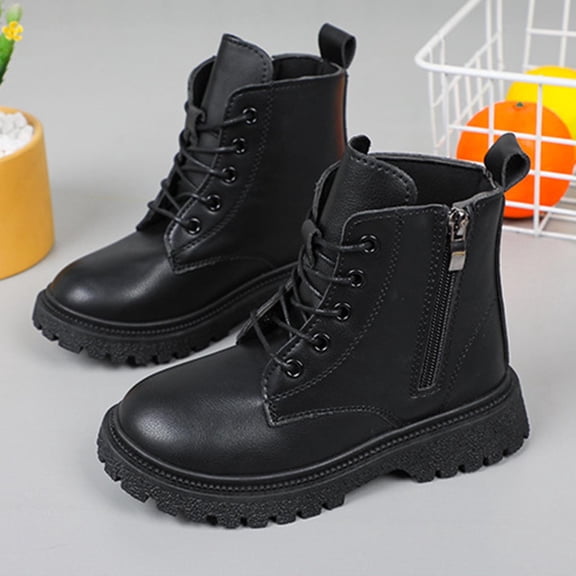 SYMSHOES Girls Black Ankle Boots, Kids Lace-Up Side Zipper Non-Slip Thick Sole Fashion Boots for Little Big Kids,Size 38