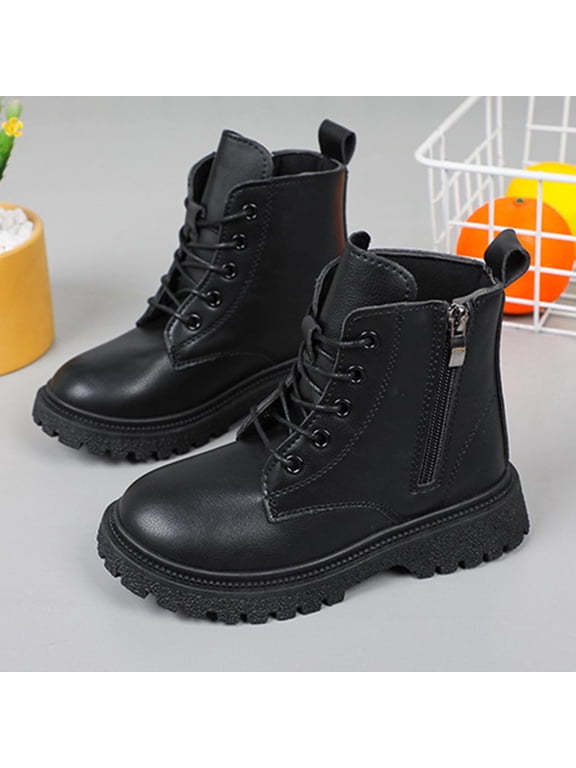 Girls Black Ankle Boots, Kids Lace-Up Side Zipper Non-Slip Thick Sole Fashion Boots for Little Big Kids,Size 38
