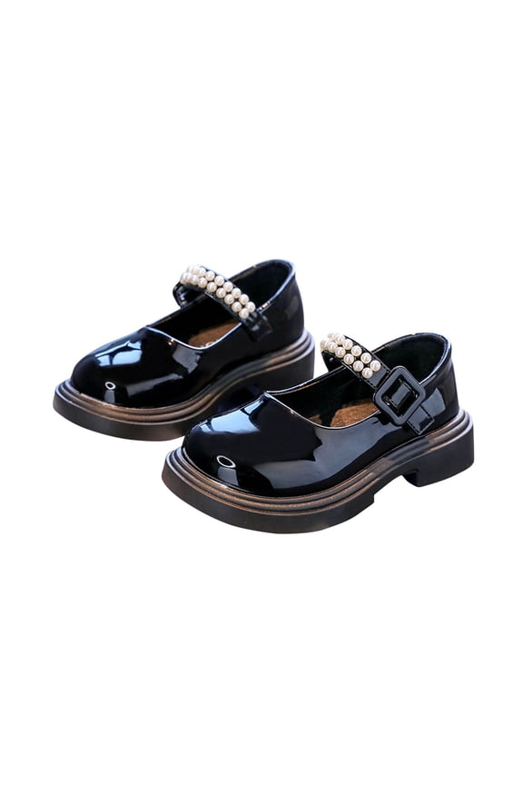 Girls Black Patent Faux Leather Mary Jane Shoes with Pearl Buckle, Formal Dress Shoes for School, Wedding, Party, Kids to Big Kids,Size 9.5