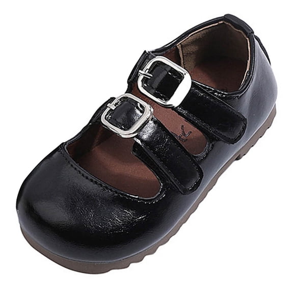 SYMSHOES Girls Double Buckle Strap Mary Jane Dress Shoes for Kids Little Girls, Black Patent Faux Leather Flat School Shoes,Size 10.5
