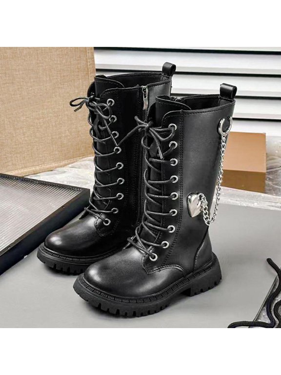 Girls Knee High Boots Black Lace Up Faux Faux Leather Riding Boots with Heart Chain Side Zipper Little Big Kid Fashion Boots,Size 27