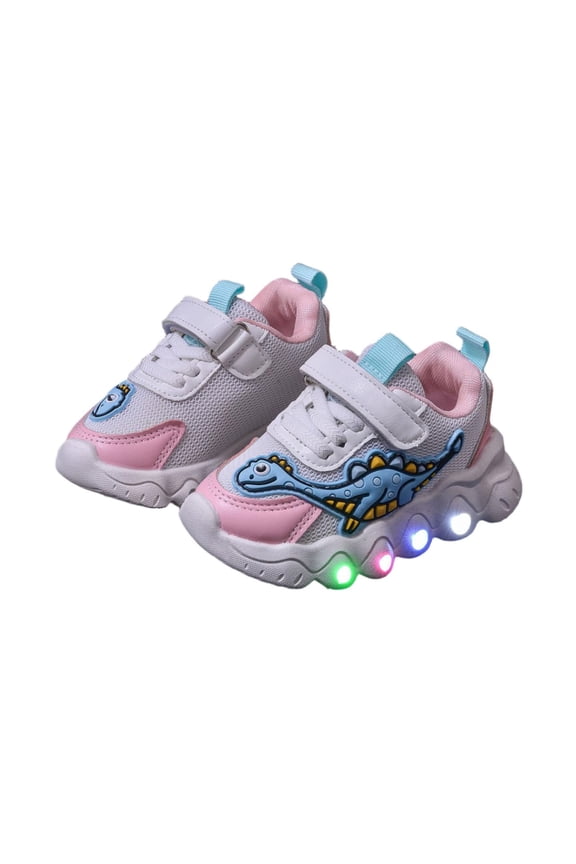 Girls Light Up Shoes Pink Dinosaur Sneakers for Kidss, Motion Activated LED Kids Shoes with Easy Strap Closure,Size 9.5