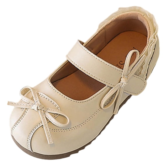 SYMSHOES Girls Mary Jane Shoes with Bow Beige Patent Faux Leather Kids to Kids Dress School Party Shoes Adjustable Strap Non-Slip Sole,Size 10.5