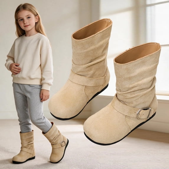 SYMSHOES Girls Mid-Calf Boots Faux Suede Slouch Winter Boots with Buckle Pull-On Design Beige Kids Fashion Boots for Girls,Size 34