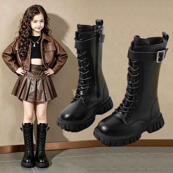 SYMSHOES Girls Mid Calf Combat Boots, Faux Faux Leather Lace Up Boots with Buckle Strap, Black, Kids Size 27-37,Size 35