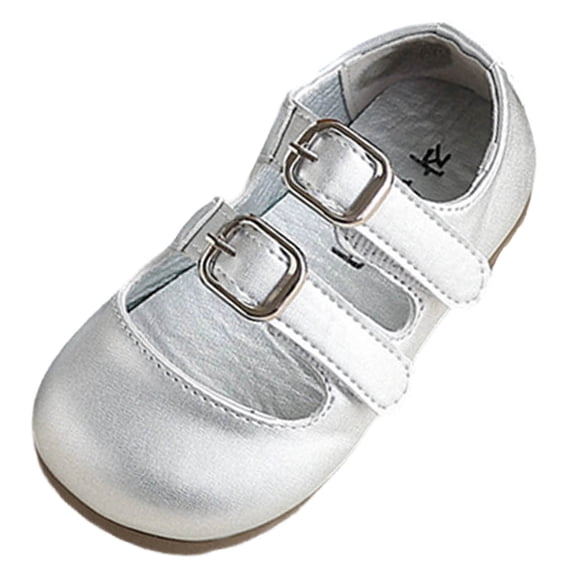 SYMSHOES Girls Silver Patent Faux Leather Mary Jane Dress Party Shoes for Kids Little Girls, Double Strap Flat,Size 10.5