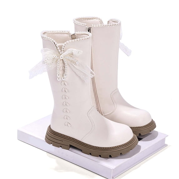 SYMSHOES Girls Tall Boots with Pearl Bow, White Faux Faux Leather Knee High Riding Boots for Kids, Side Zipper Dress Boots,Size 37