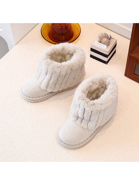 Girls Winter Boots, Faux Faux Fur Cuff Snow Boots, Non-Slip Slip-On Ankle Boots, Warm Kids Winter Shoes, Beige,Size 29