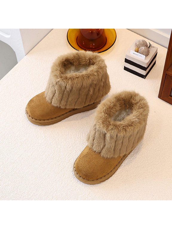 Girls Winter Boots, Kids Snow Boots with Faux Faux Fur Cuff, Non-Slip Slip-On Ankle Boots, Warm Brown Shoes for Girls,Size 29
