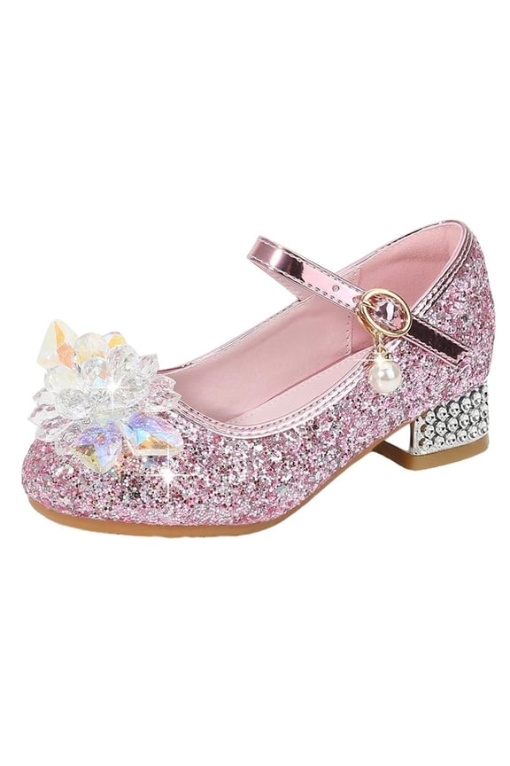 Pink Glitter Dress Shoes for Girls, Pageant & Flower Girl Shoes Low Heel, Sparkly Rhinestone Kids Party Shoes,Size 12 M