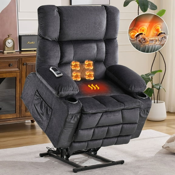 HSUNNS Recliners Lift Chair for Elderly, Upgrade Dual Motor Large Power Cotton Recliner Chair with Massage and Heat for Living Room, Single Sofa with Cup Holder & USB, Lay Flat Up to 180°, Grey