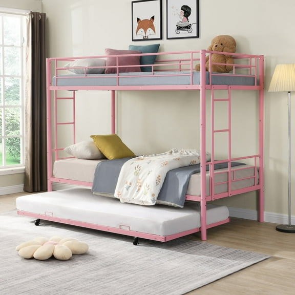 SYNAGR Twin Bunk Beds with Safety Guardrail & Flat Ladder, Convertible Trundle Metal Bunk Bed Frame, Teens Bed for Dorm/Guest Room, Space-Saving Pink Frame, No Box Spring Required