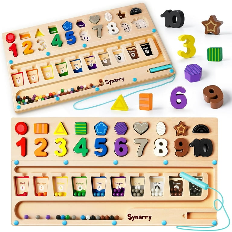 SYNARRY 3 in 1 Montessori Toys for 3 Year Old Educational Magnetic Color and Number Maze Shape Number Wooden Puzzle Counting Learning Toys for
