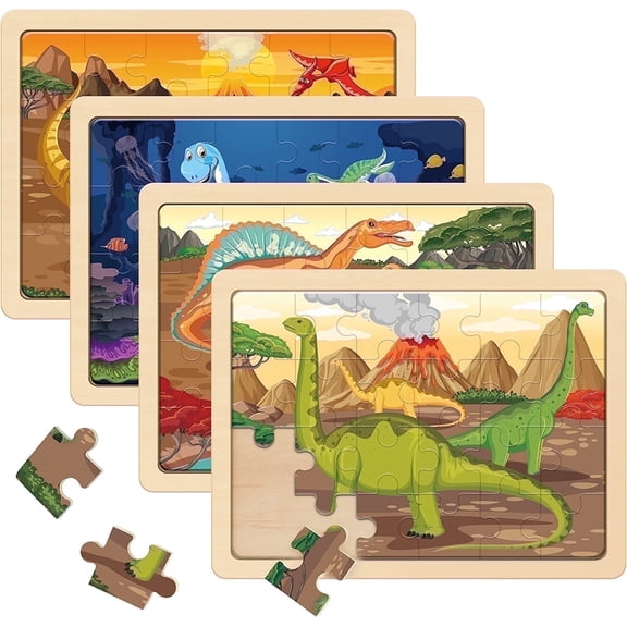 SYNARRY 4-in-1 Wooden Dinosaur Puzzles for Kids Ages 3-8, 24pcs Each, FSC Certified Educational Jigsaw Puzzle Set, Dinosaur Toys Gifts for 3 4 5 Year Old Boys Girls