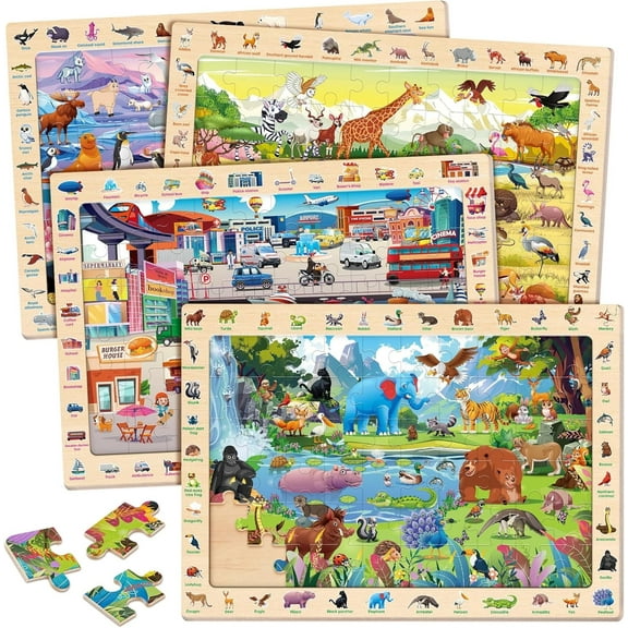 SYNARRY Wooden Match & Find Puzzles, 4 Sets of 60-Piece Wooden Jigsaw Puzzle for Kids Ages 3-8, Educational Toys to Learn About Jungle, Savannah, Polar Animals & City Life